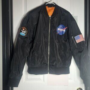 NASA Bomber Jacket With Patches Chemistry Brand Black With Orange Lining Size La